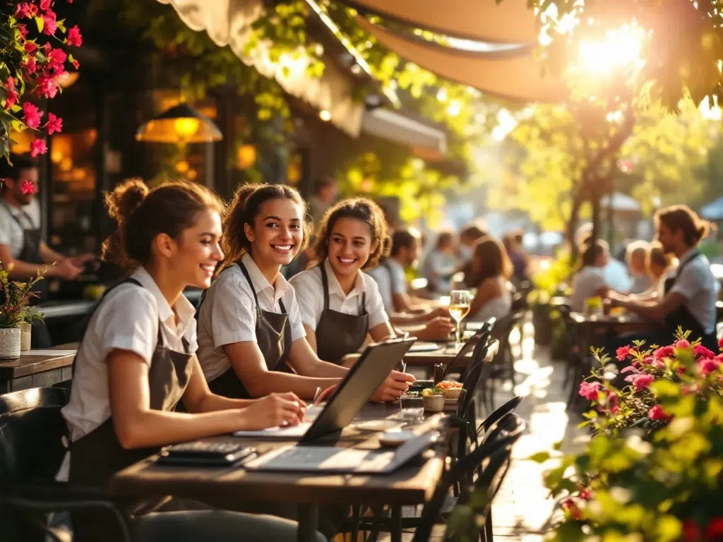 Terras van een Nederlands café met jonge werknemers en klanten, omgeven door groen en bloemen, belicht door warm zonlicht.