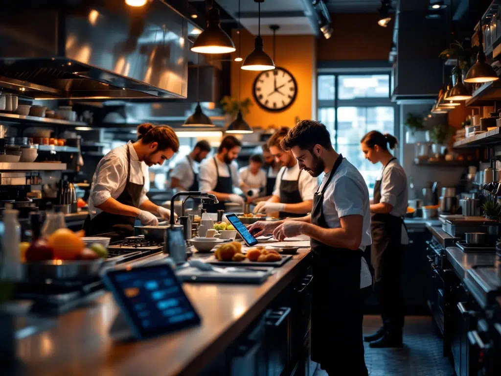 Een moderne Nederlandse restaurantkeuken met chef-koks, technologie en licht, die efficiëntie en Nedflex's innovatieve personeelsbeheer tonen.