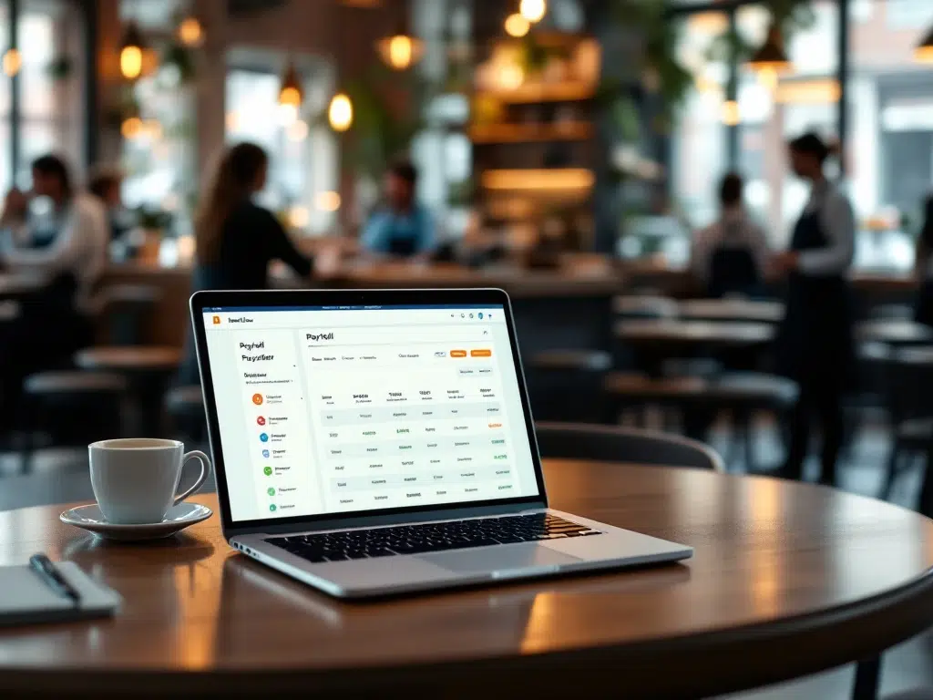 Modern Nederlands café met geïntegreerd kantoor; laptop met payroll dashboard, warme sfeer, personeel aan het werk, koffie en Nederlandse vlag.